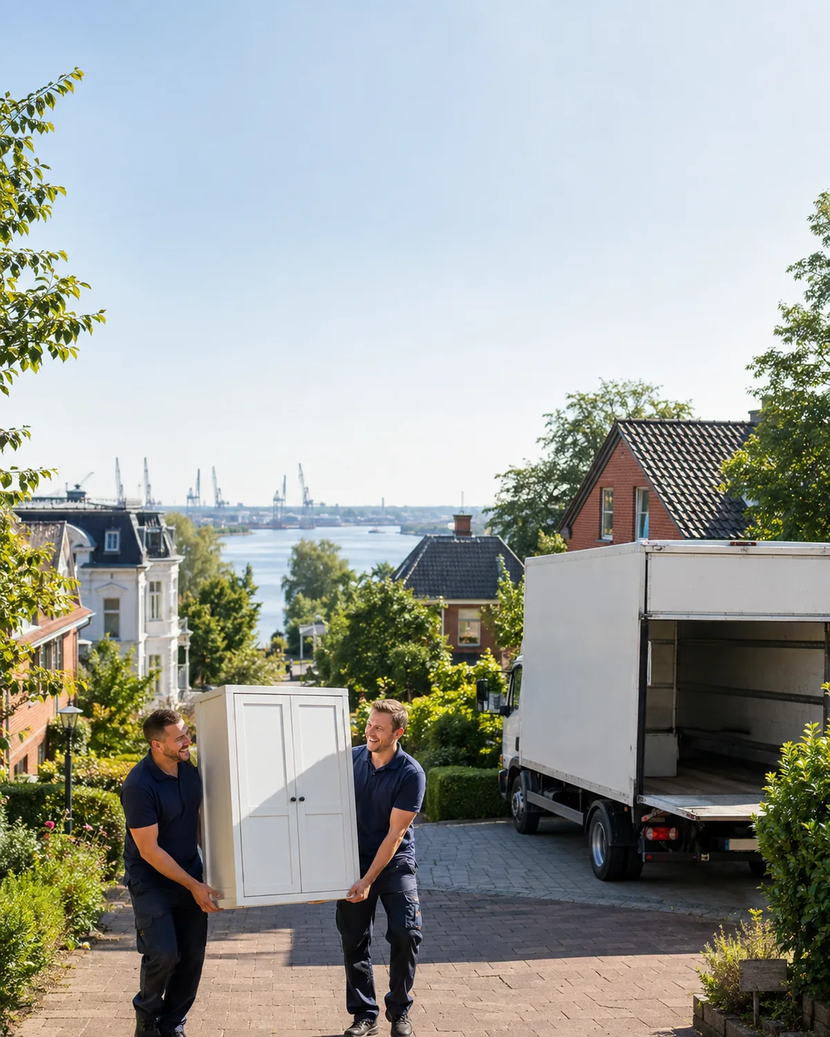 Zwei Umzugshelfer tragen einen Schrank eine Auffahrt in Vegesack hinunter, im Hintergrund die Weser