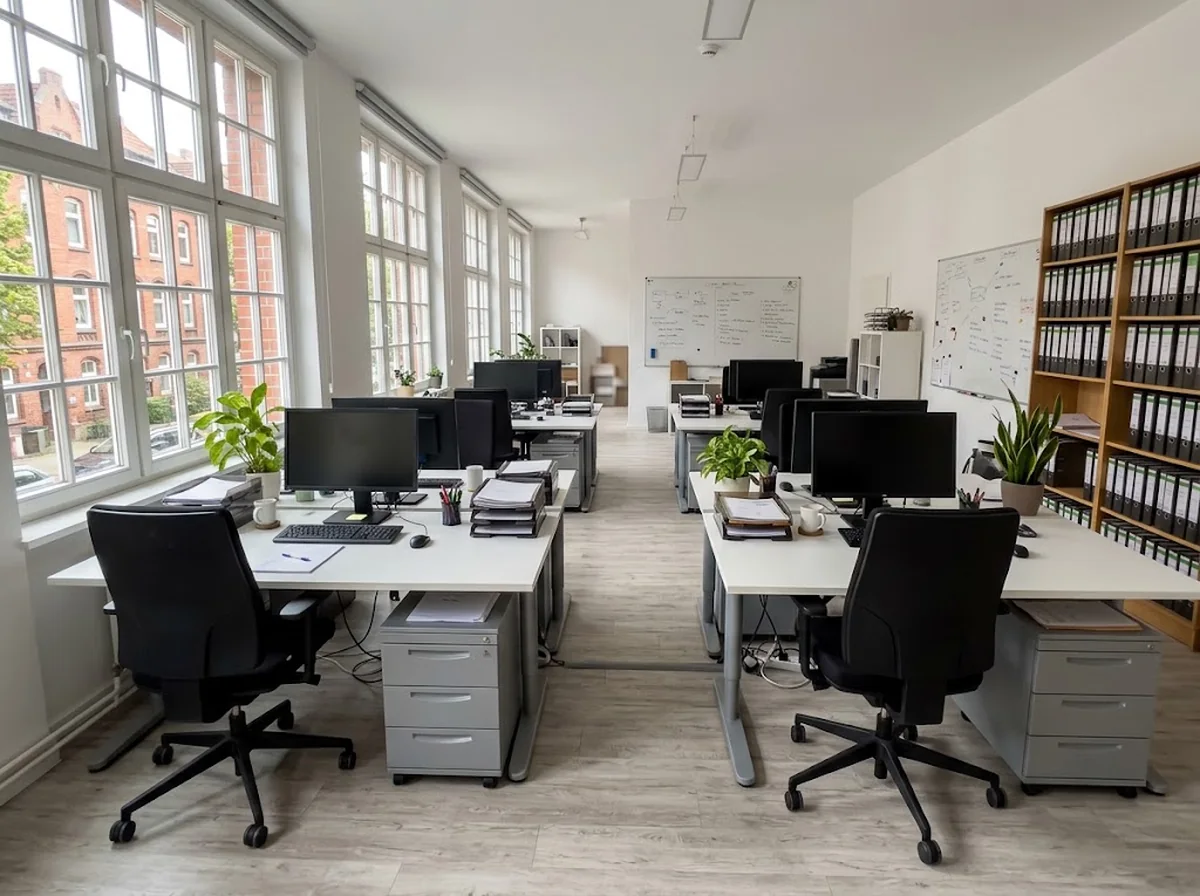 Voll eingerichtetes Büro mit sechs Arbeitsplätzen, Monitoren, Rollcontainern und Aktenregal