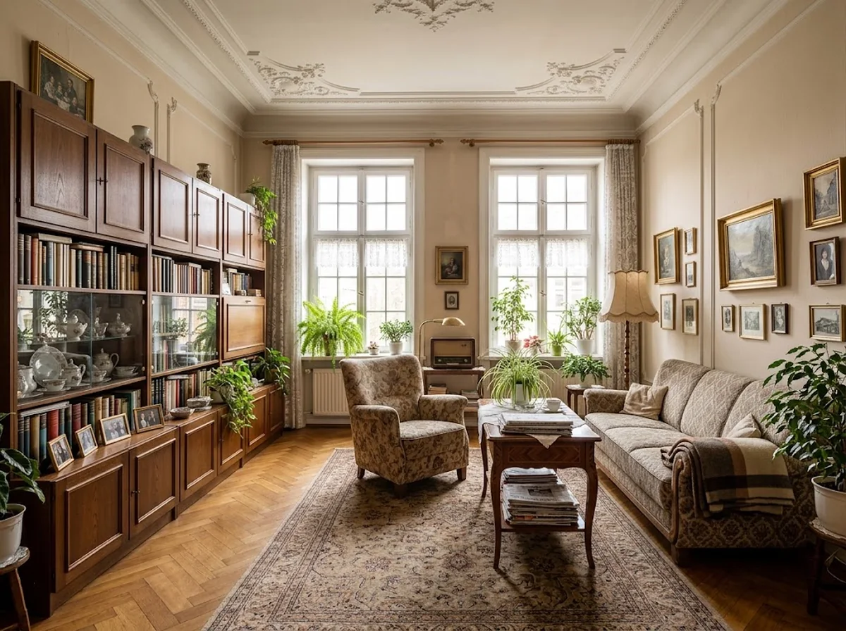 Vollständig möbliertes Altbauwohnzimmer mit Stuckdecke, Schrankwand, Sessel und Bildern an den Wänden