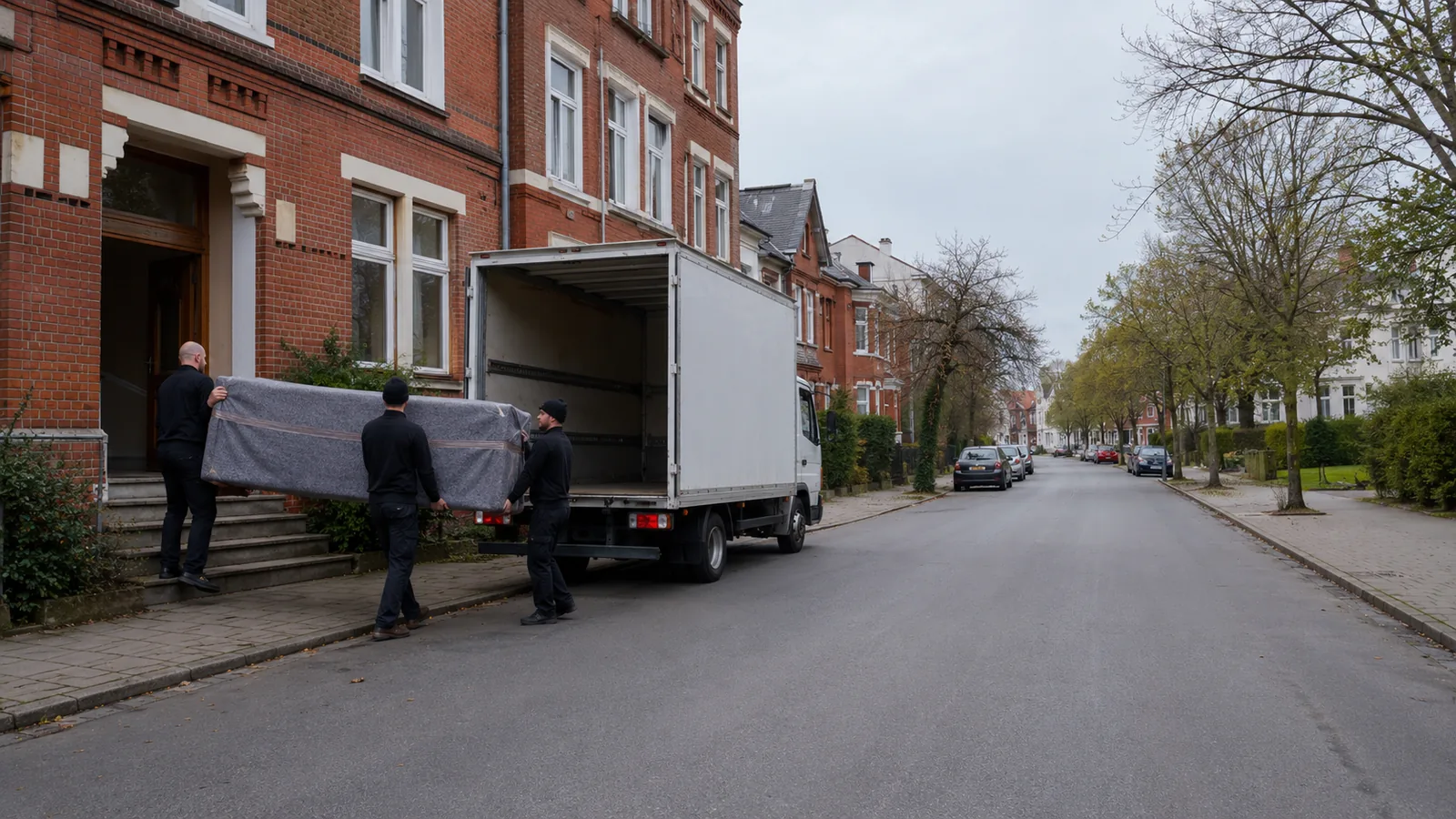 Umzugscrew traegt ein verpacktes Sofa aus einem Bremer Backsteinhaus zum Umzugswagen