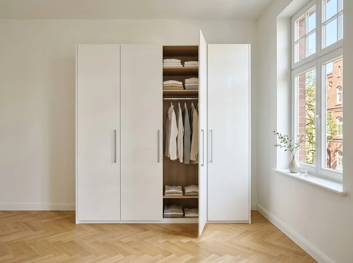 Fertig aufgebauter weißer Kleiderschrank, sauber ausgerichtet an der Wand eines hellen Zimmers