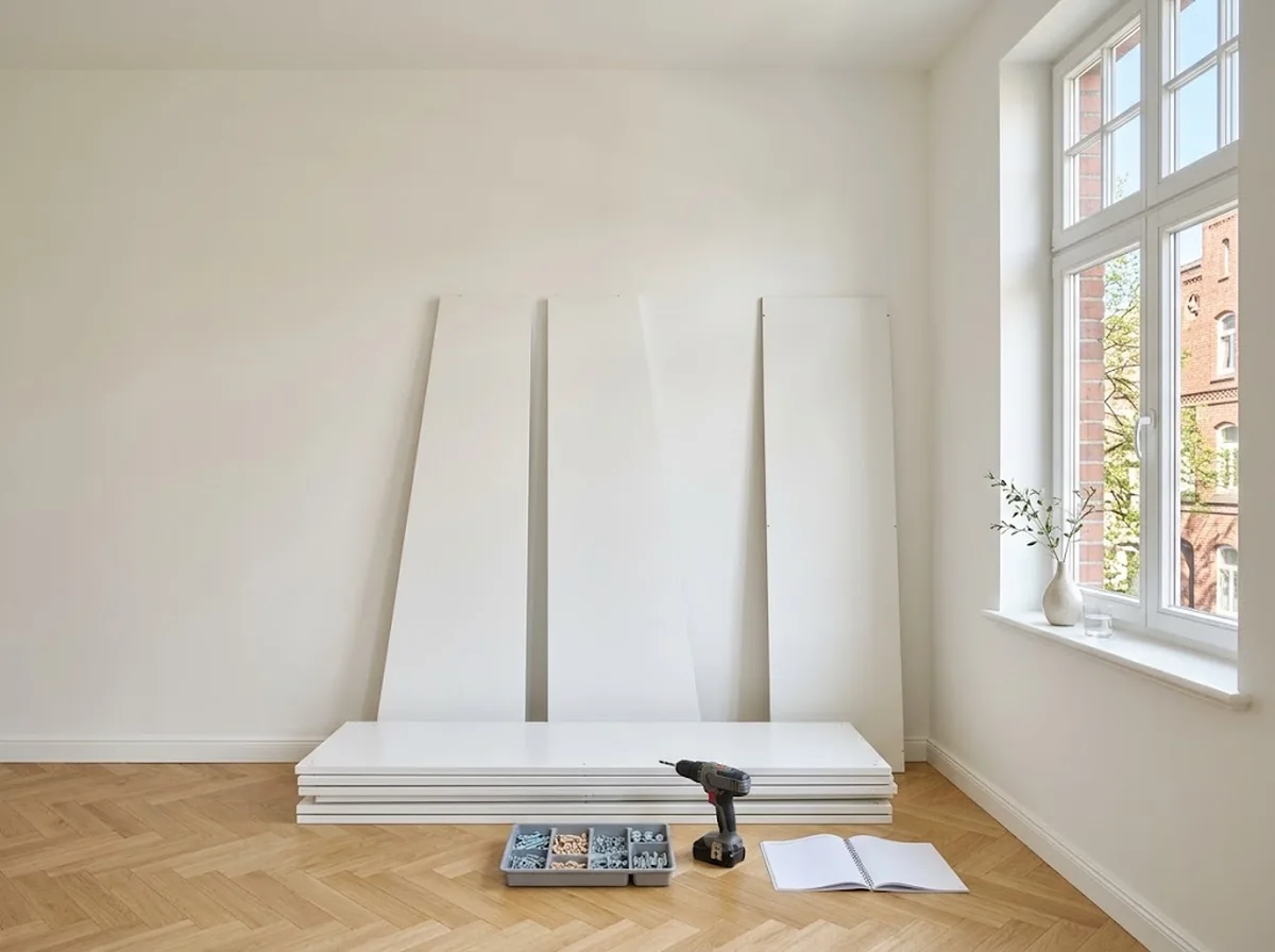 Sortierte Einzelteile eines Kleiderschranks auf dem Boden vor einer leeren Wand