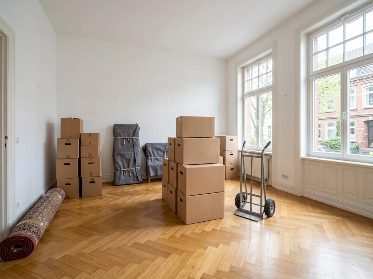 Wohnzimmer am Umzugstag mit sortiert gestapelten Umzugskartons, eingeschlagenen Möbelteilen und einer Sackkarre